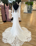 Mermaid V Neck Court Train Long Sleeves Wedding Dress With Appliques