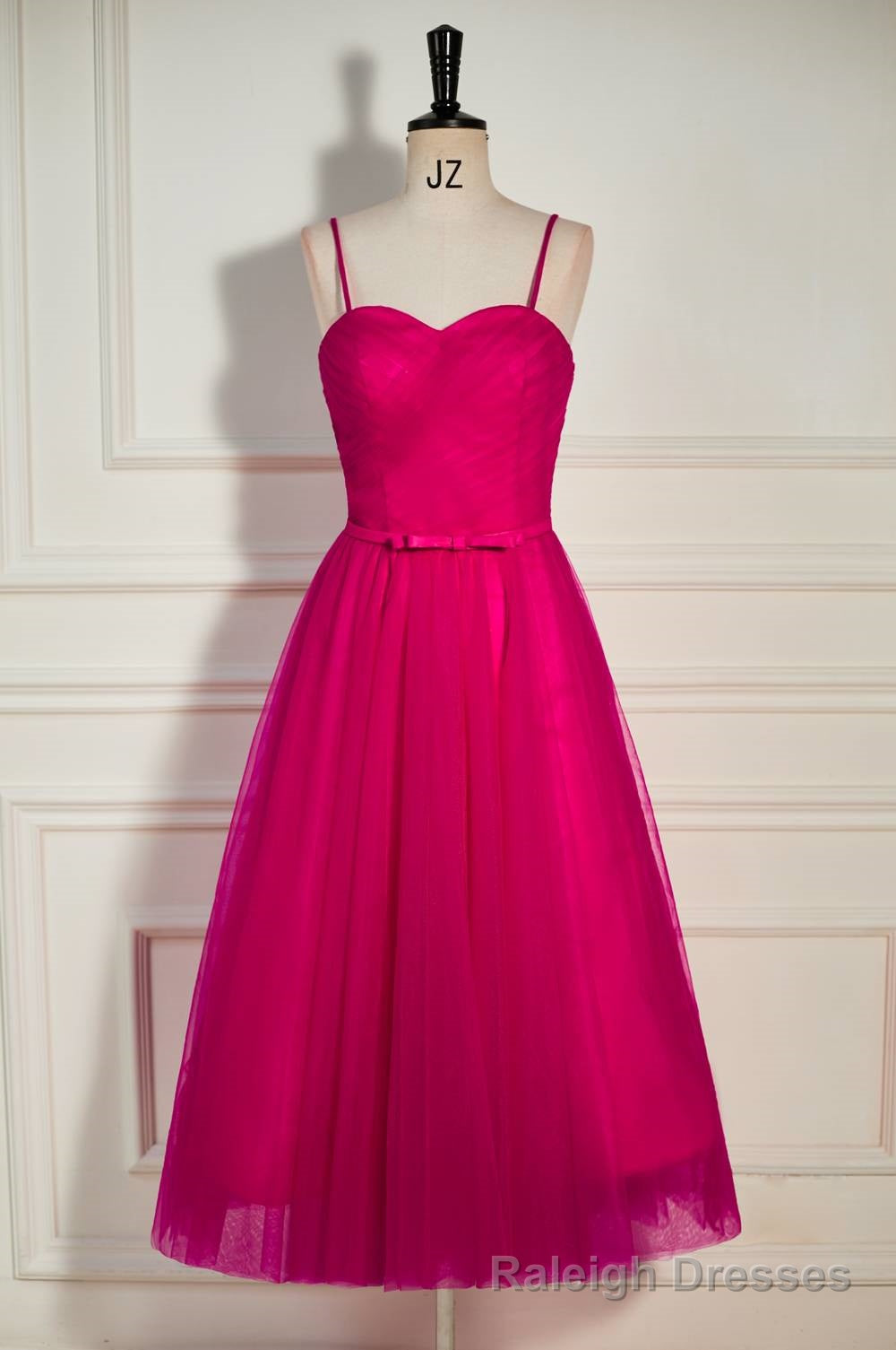 Fuchsia Straps A-line Tulle Tea-Length Prom Dress Main image