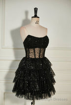 Black Sequined Strapless Multi-Layers Tulle Homecoming Dress