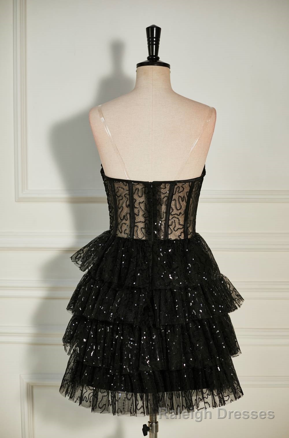 Black Sequined Strapless Multi-Layers Tulle Homecoming Dress