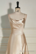 Champagne Cowl Neck Straps A-line Satin Long Dress with Slit