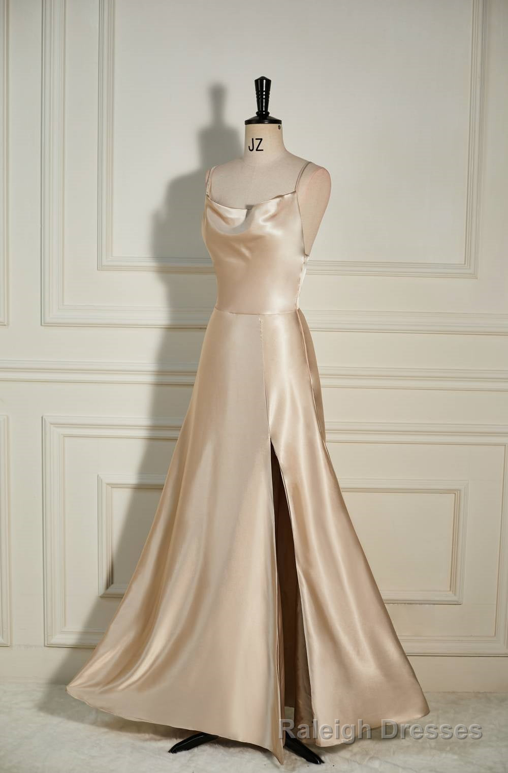Champagne Cowl Neck Straps A-line Satin Long Dress with Slit Secondary image