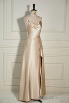 Champagne Cowl Neck Straps A-line Satin Long Dress with Slit