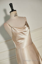 Champagne Cowl Neck Straps A-line Satin Long Dress with Slit