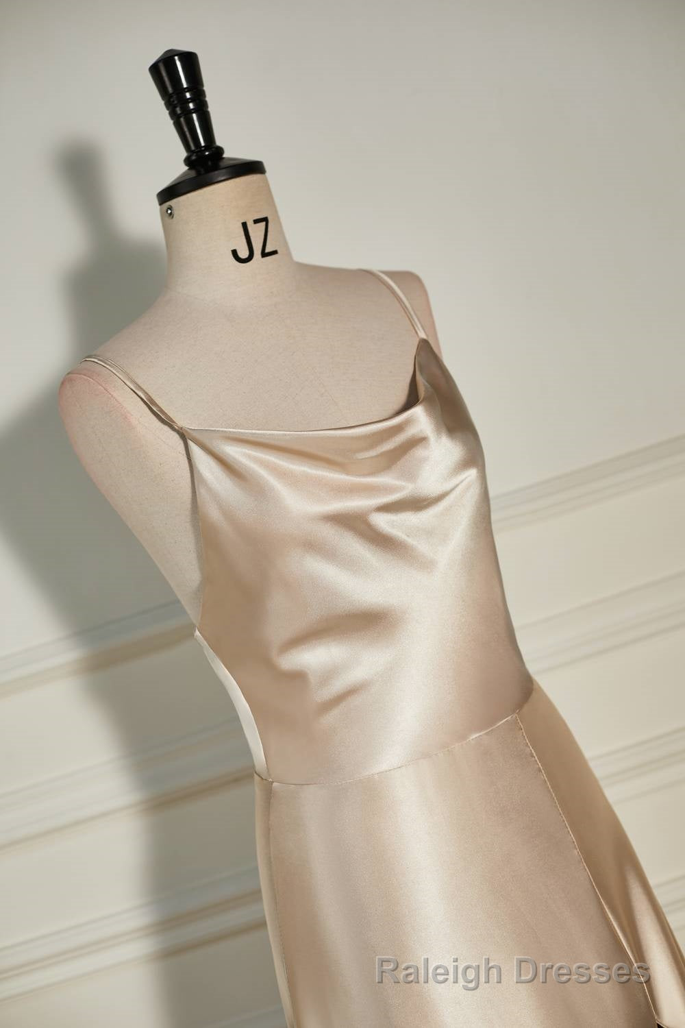 Champagne Cowl Neck Straps A-line Satin Long Dress with Slit