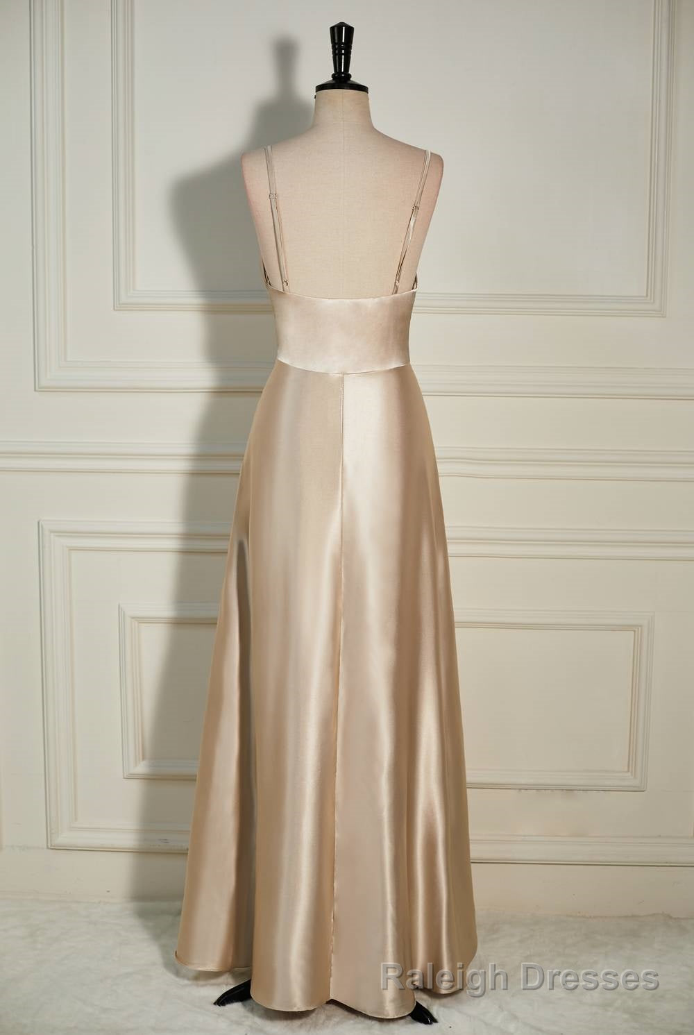 Champagne Cowl Neck Straps A-line Satin Long Dress with Slit Main image