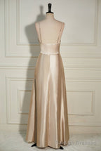 Champagne Cowl Neck Straps A-line Satin Long Dress with Slit
