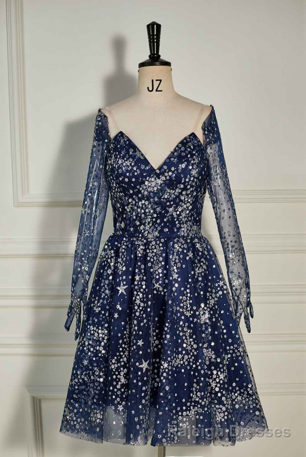 Dark Navy Sequined Long Sleeves A-line Homecoming Dress Main image