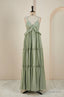 Sage Lace-Up Deep V Neck Ruffled Empire Long Prom Dress