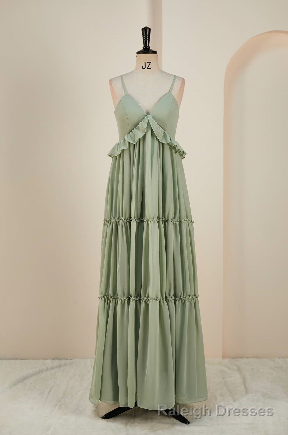 Sage Lace-Up Deep V Neck Ruffled Empire Long Prom Dress