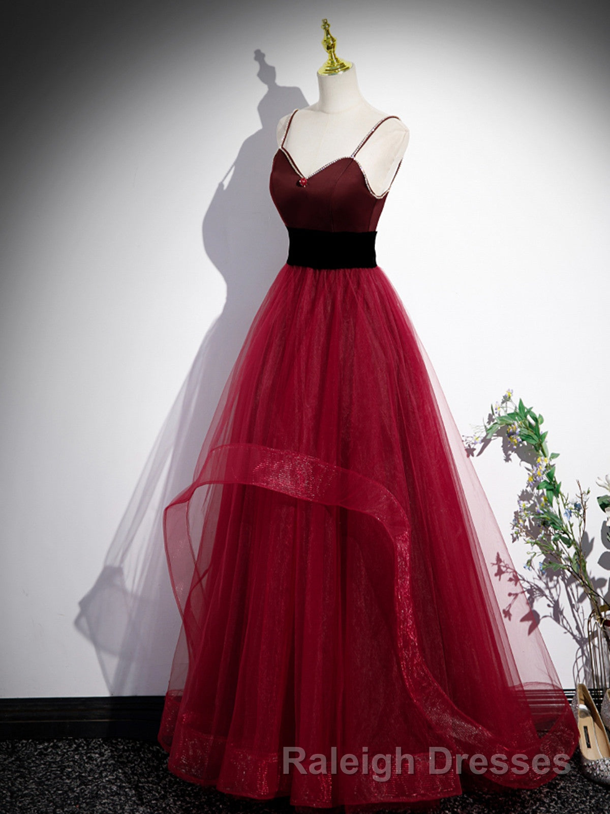 Wine Red Straps Beaded Sweetheart Tulle Formal Dress, Wine Red A-Line Prom Dress