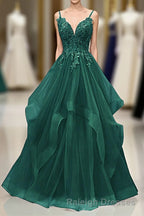 A-Line Tulle With Lace Applique Straps Long Party Dress, Green Tulle Prom Dress