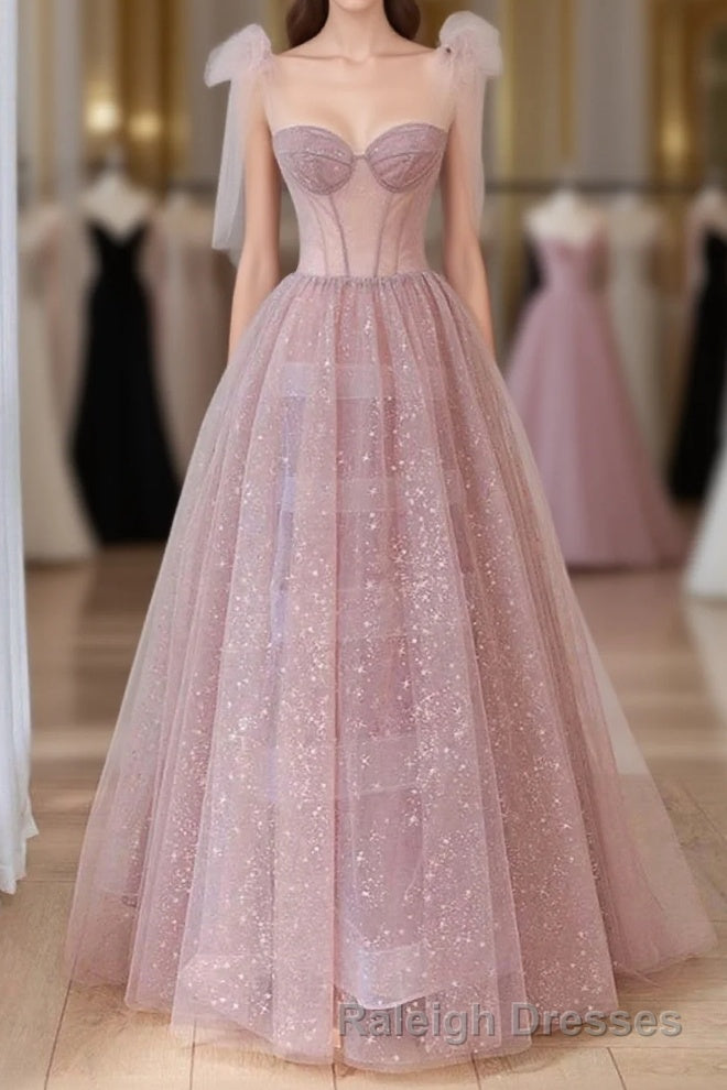 Lovely Shiny Tulle Pink Round Long Formal Dress, Pink Tulle Prom Dress Main image