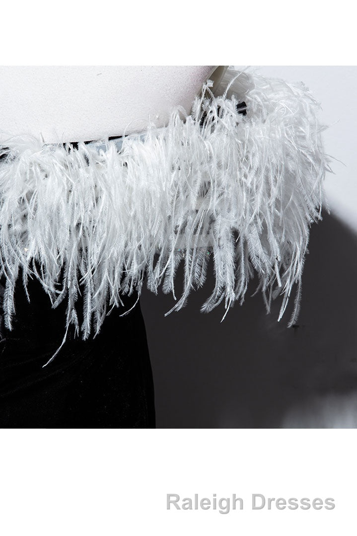 Black Velvet Mermaid Prom Dress with Feather, Off the Shoulder Long Evening Gown