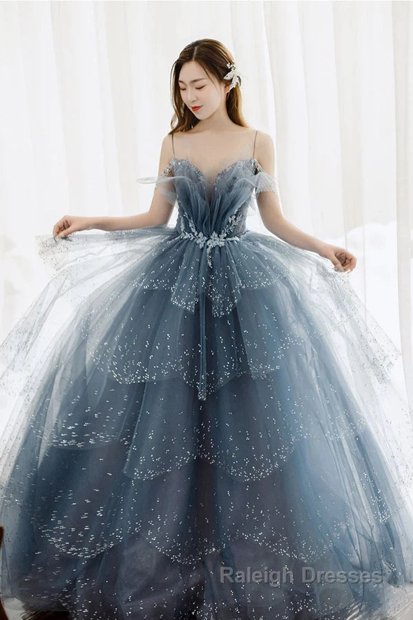 Gorgeous Blue Sparkly Tulle Beaded Prom Dress, Tiered Formal Gowns with Rhinestone