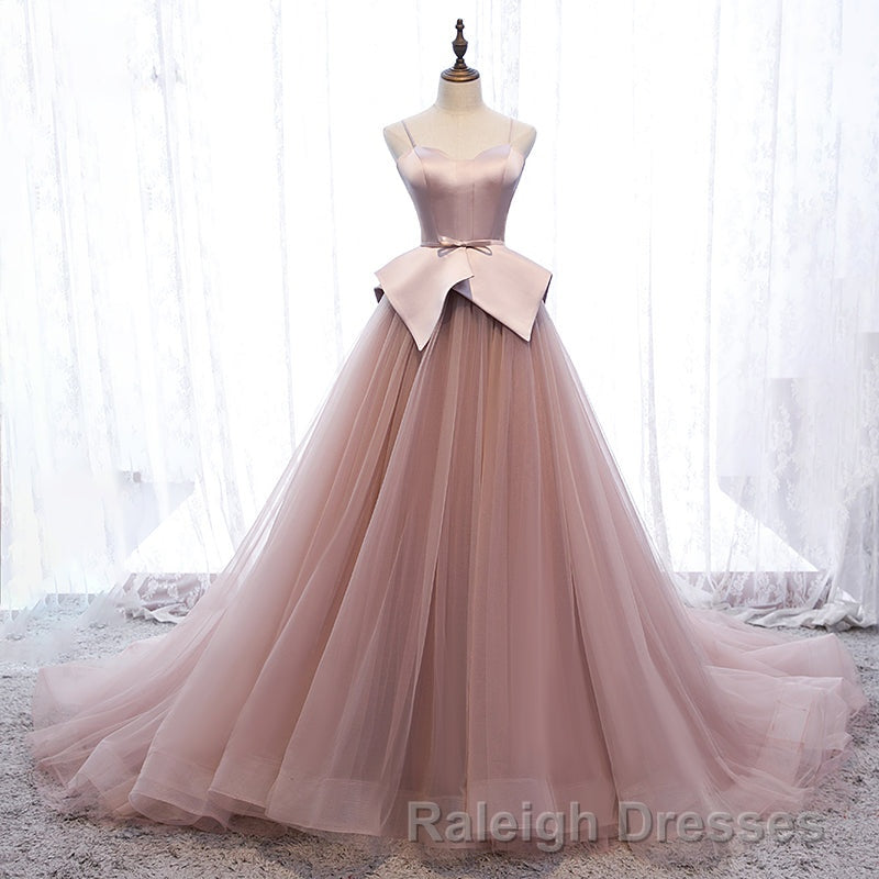 Pink Spaghetti Straps Tulle Long Prom Dresses Unique Long Wedding Dess