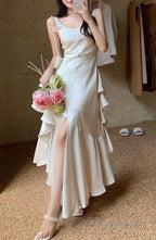 Green Backless Ruffles A Line Long Prom Dress
