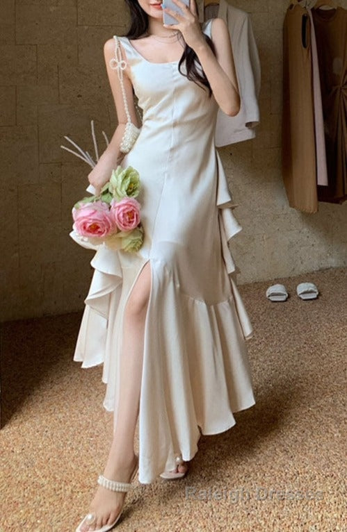 Green Backless Ruffles A Line Long Prom Dress