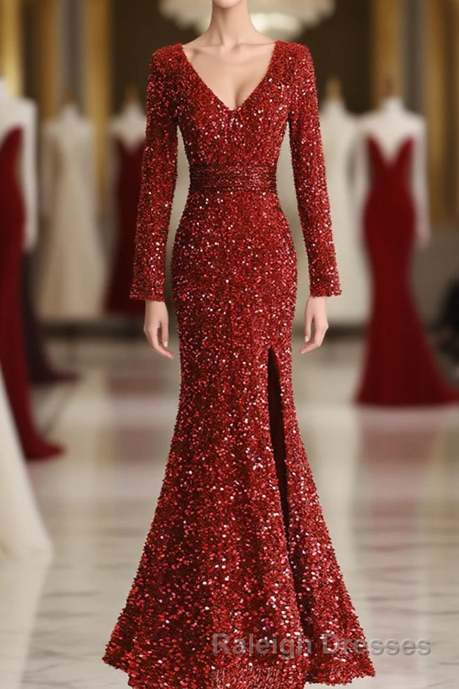 Wine Red Long Sleeves Mermaid Long Prom Dresses Wine Red Prom Dresses