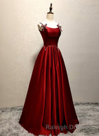 Wine Red Satin Straps Round Neckline Party Dress, Wine Red Long Prom Dress