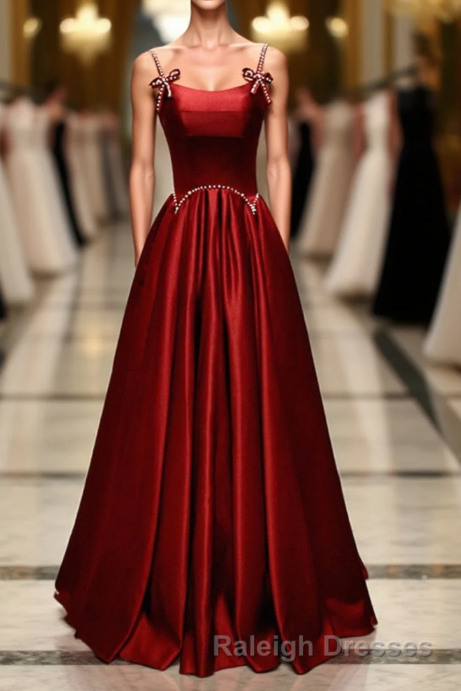 Wine Red Satin Straps Round Neckline Prom Dresses Wine Red Long Prom Dresses Main image