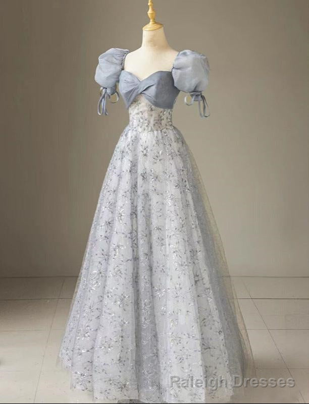 Cute Floral Printed Long Prom Dress A Line Puff Sleeves Blue Prom Gowns Main image