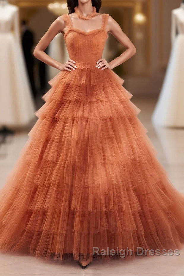 Unique High Neck Tulle Long Prom Dresses, Orange Formal Evening Dresses Main image
