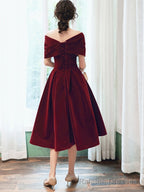Beautiful Wine Red Velvet Tea Length Party Dress, Bridesmaid Dress