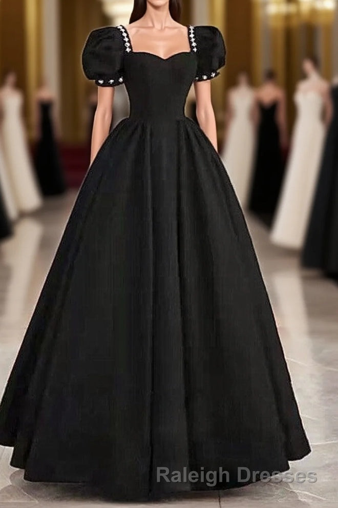 Black Sweetheart Short Sleeves Beaded Prom Dresses A Line Black Satin Prom Dresses