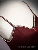 Wine Red Straps Beaded Sweetheart Tulle Formal Dress, Wine Red A-Line Prom Dress