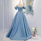 Off Shoulders Ball Gowns Poofy Dusty Blue Prom Dress