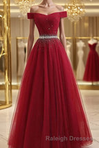 Off Shoulders Red Tulle Floor Length Prom Dress