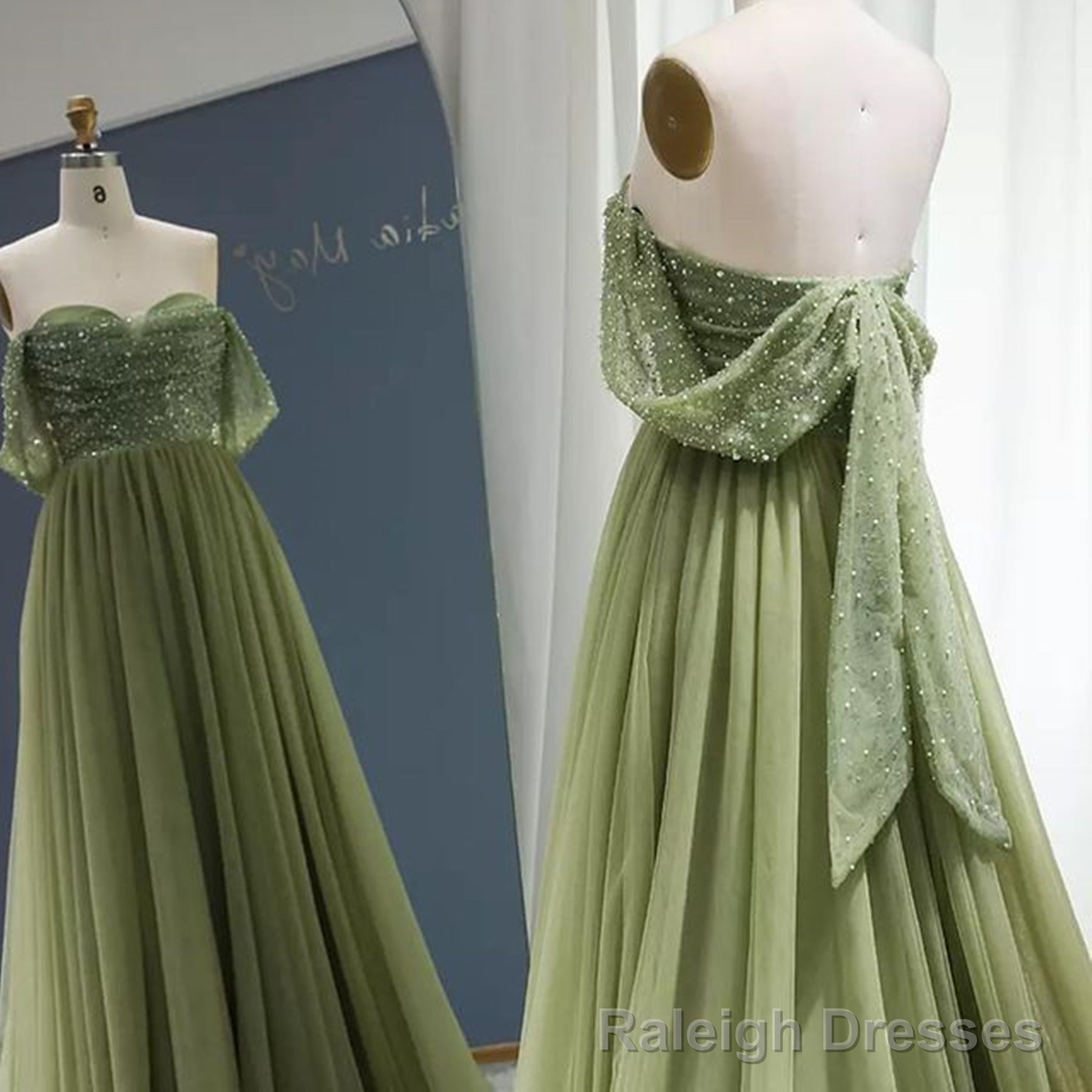 Off the Shoulder Beaded Green Tulle Long Prom Dress, Off Shoulder Green Formal Dress, Beaded Green Prom Dress