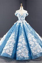 Off the Shoulder Blue and White Ball Gowns