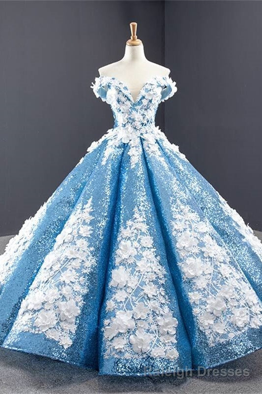 Off the Shoulder Blue and White Ball Gowns