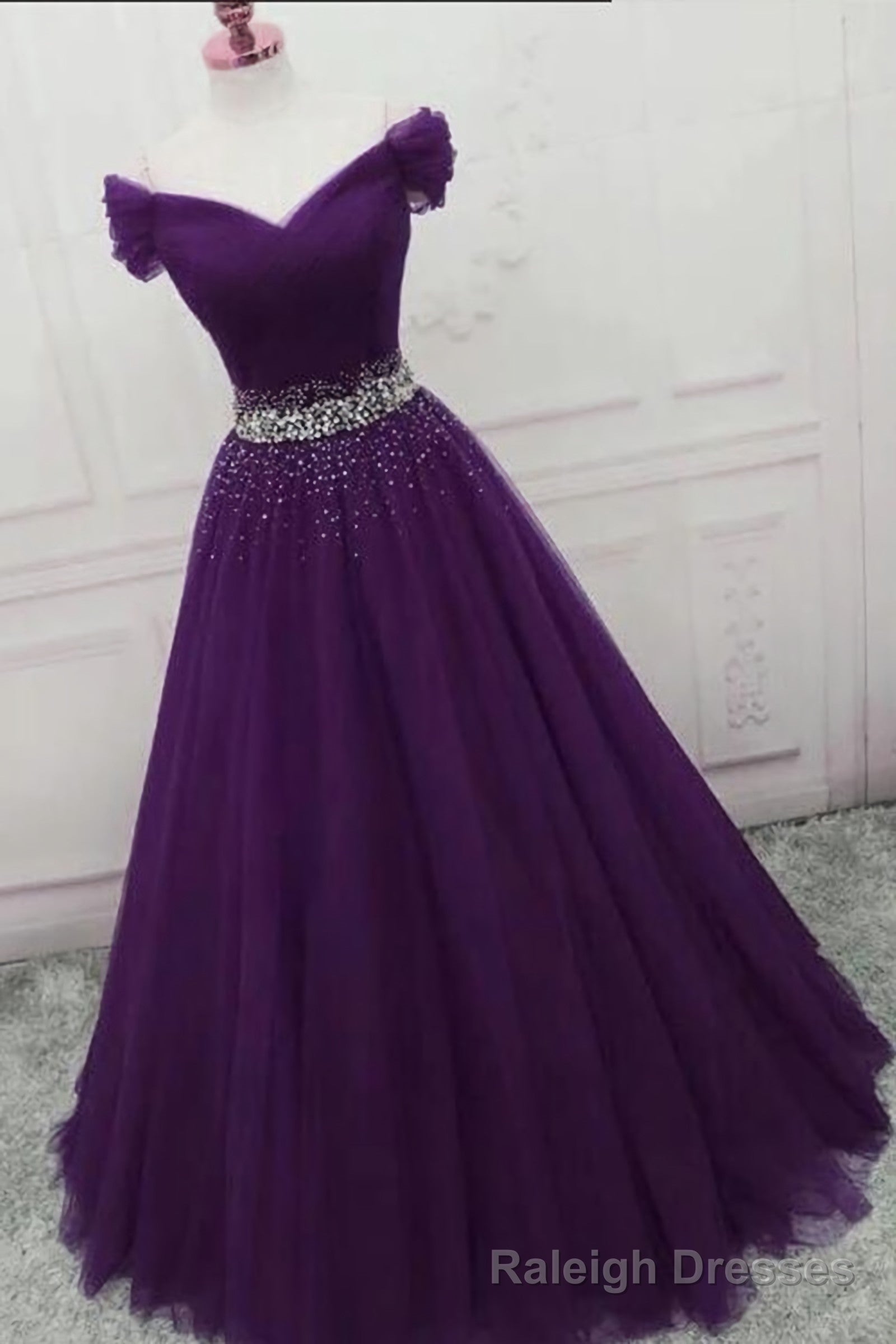 Off the Shoulder Dark Purple Long with Beadings Off Shoulder Purple Prom Dresses Main image
