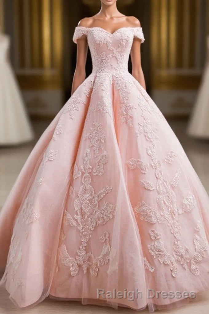 Gorgeous Pink Off The Shoulder Ball Gown Prom Dresses With Appliques Main image