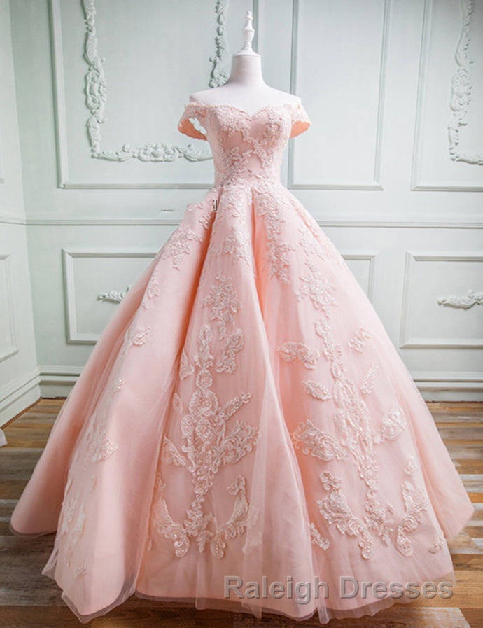 Gorgeous Pink Off The Shoulder Ball Gown Prom Dresses With Appliques Secondary image