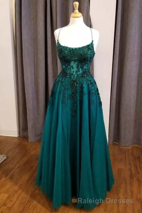 Simple Hunter Green Floral Lace Scoop Neck A Line Prom Dress