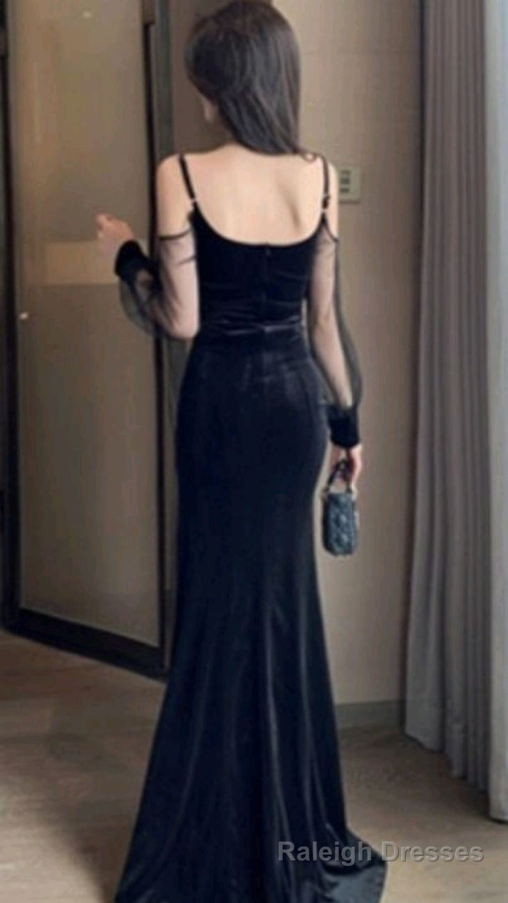 Sexy Mermaid Straps Long Sleeves Black Prom Dresses