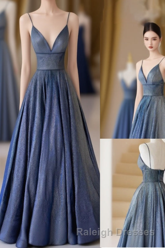 Blue V-Neckline Straps Low Back A-Line Prom Dress, Blue Long Evening Dress Main image