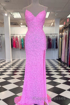 Mermaid Purple Sequin Prom Dresses Long with Slit