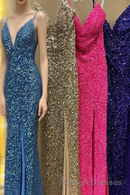 Mermaid Purple Sequin Prom Dresses Long with Slit
