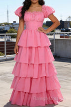 Pink A-Line Square Neck Tiered Prom Dresses With Ruffles