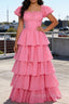Pink A-Line Square Neck Tiered Prom Dresses With Ruffles