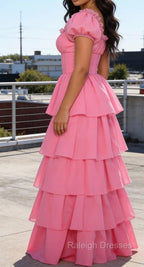 Pink A-Line Square Neck Tiered Prom Dresses With Ruffles