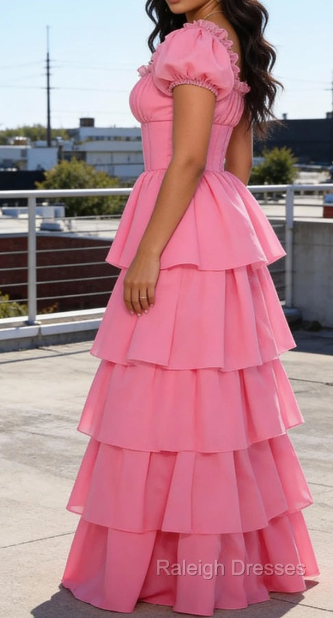 Pink A-Line Square Neck Tiered Prom Dresses With Ruffles