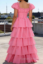 Pink A-Line Square Neck Tiered Prom Dresses With Ruffles