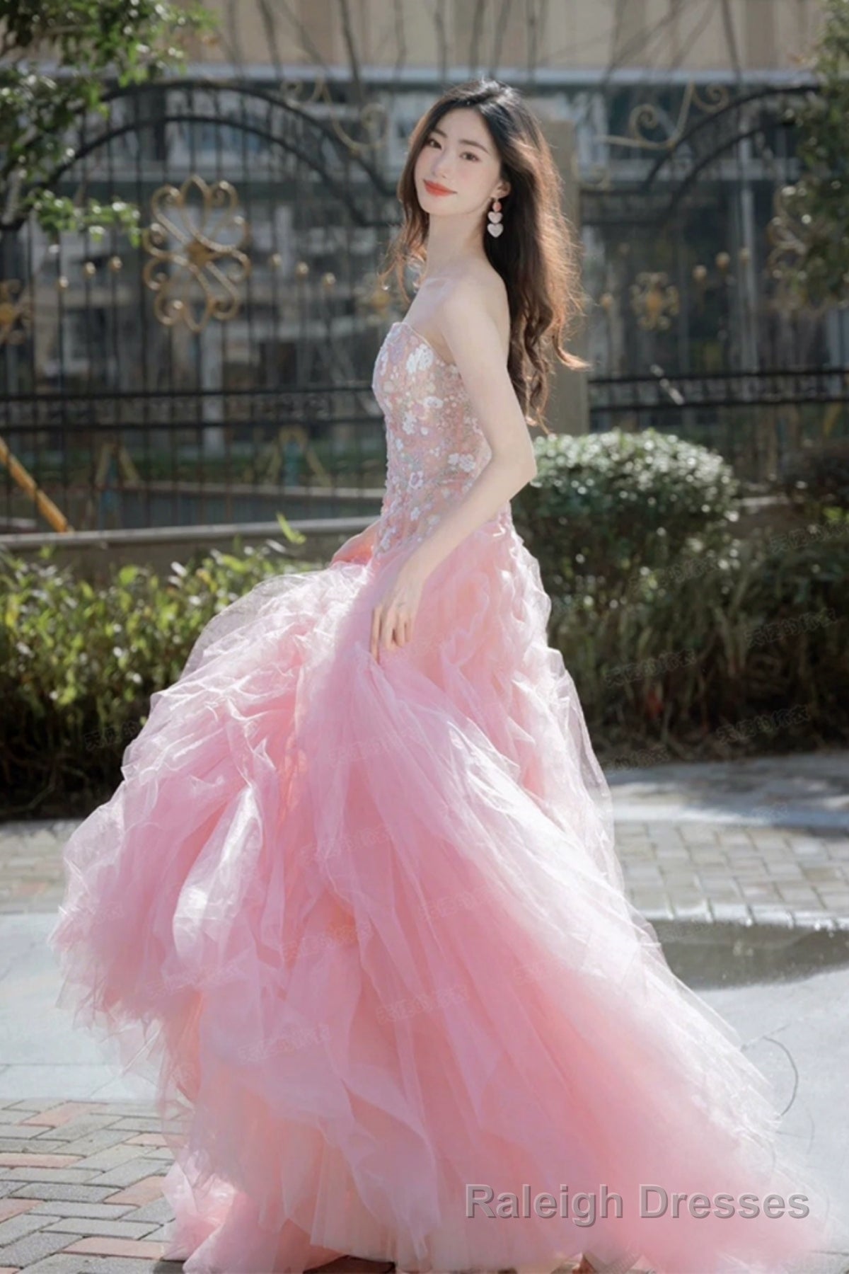 Pink Organza Strapless Pink Lace Floral Long Prom Dresses, Pink Lace Formal Prom Dresses, Pink Ball Gowns Secondary image
