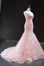 Pink Tulle Princess Wedding Dress Strapless Pink Long Prom Dress with ruffles Skirt